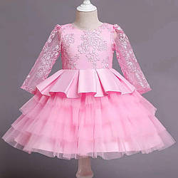 Шикарна рожева дитяча сукня з атласу та фатину  з пов'язкою