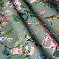Декоративная ткань с крупными цветными растениями и птицами на зеленом 84295v2, фото 1