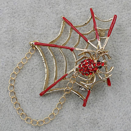 Брошь металлическая золотистая Паук на паутине в красных стразах покрыта красной эмалью размер изделия 40х40мм, фото 2