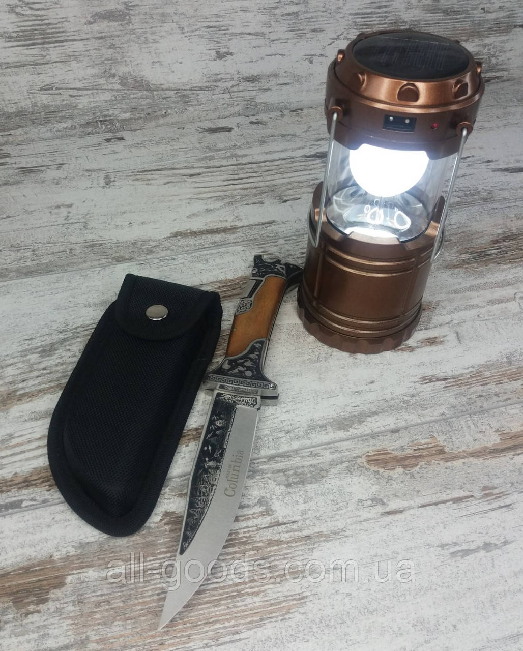 Кемпінговий складаний ліхтар G-85 в комплекті з мисливським ножем Colunbia КА3188, туристичний ліхтарик All