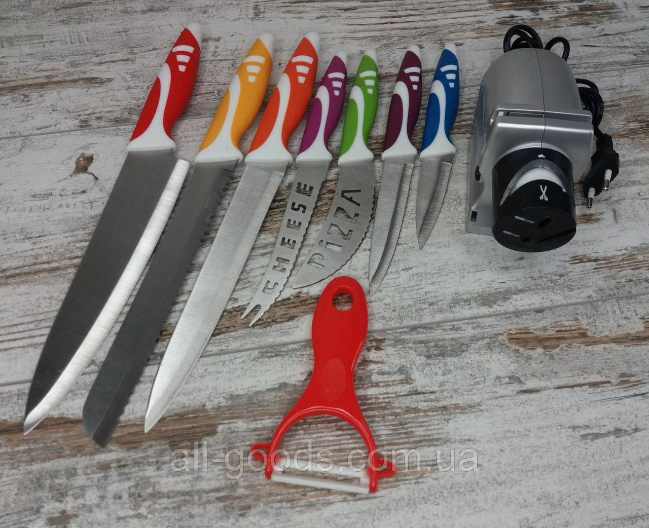 Электрическая точилка для заточки ножей Sharpener electric в комплекте с набором кухонных ножей  8 шт All