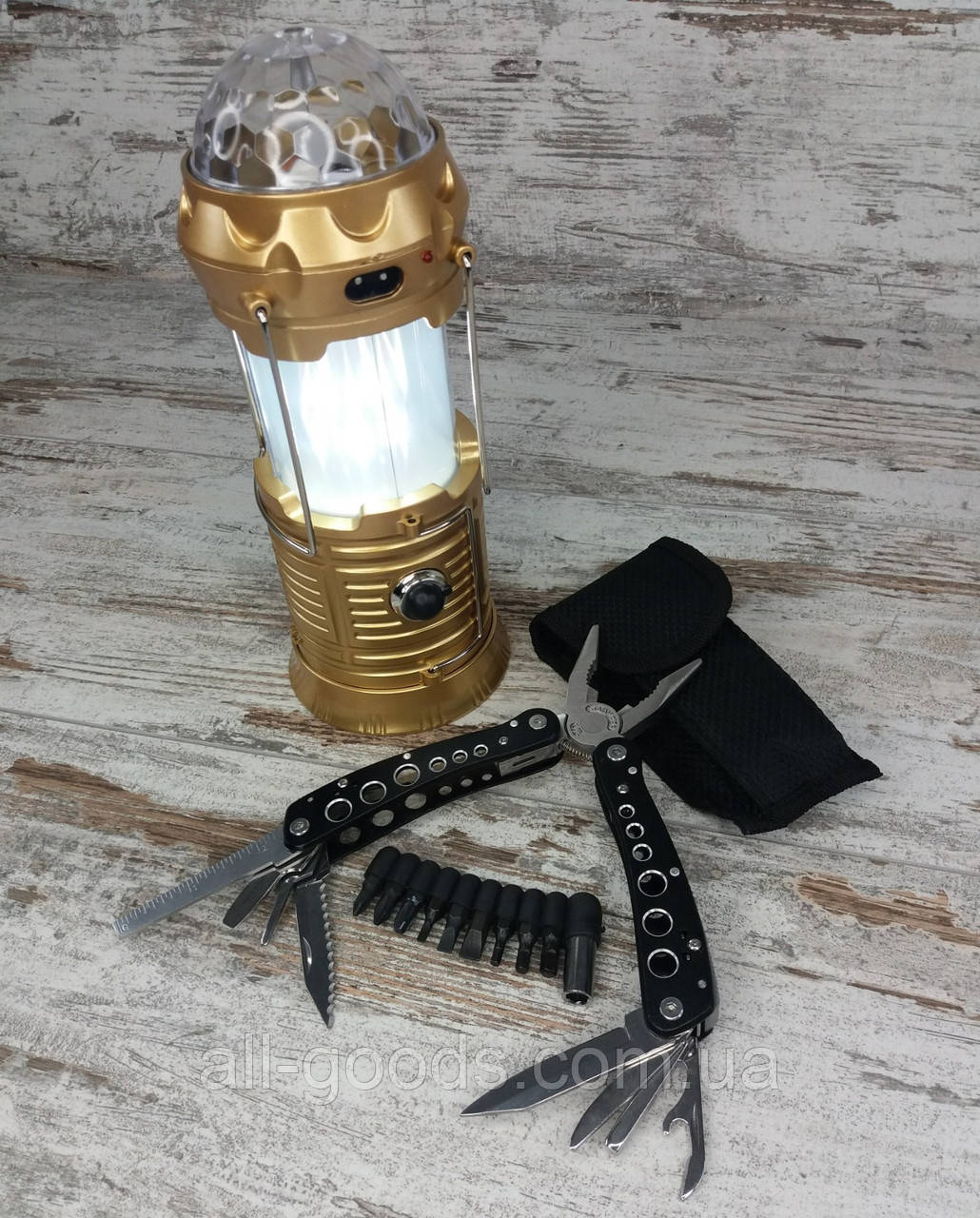 LED лампа с эффектом огня и дискошаром в комплекте с многофункциональным ножом мультитул-плоскогубцы All