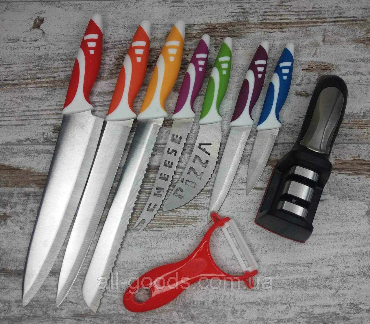 Набор кухонных ножей из 8 предметов в комплекте с ручной точилкой для ножей Household Knife Sharpener All