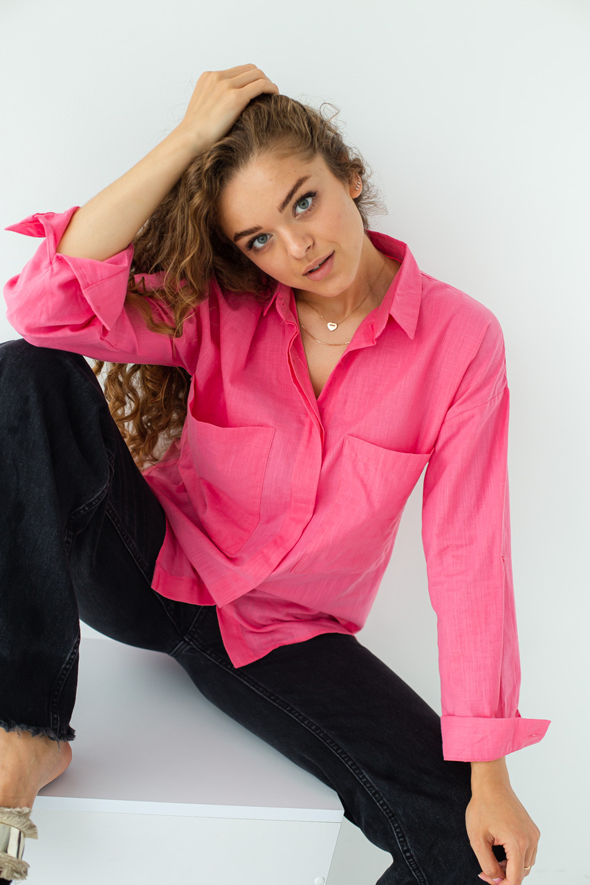 Хлопковая рубашка с накладными карманами QU STYLE - розовый цвет, L (есть размеры)