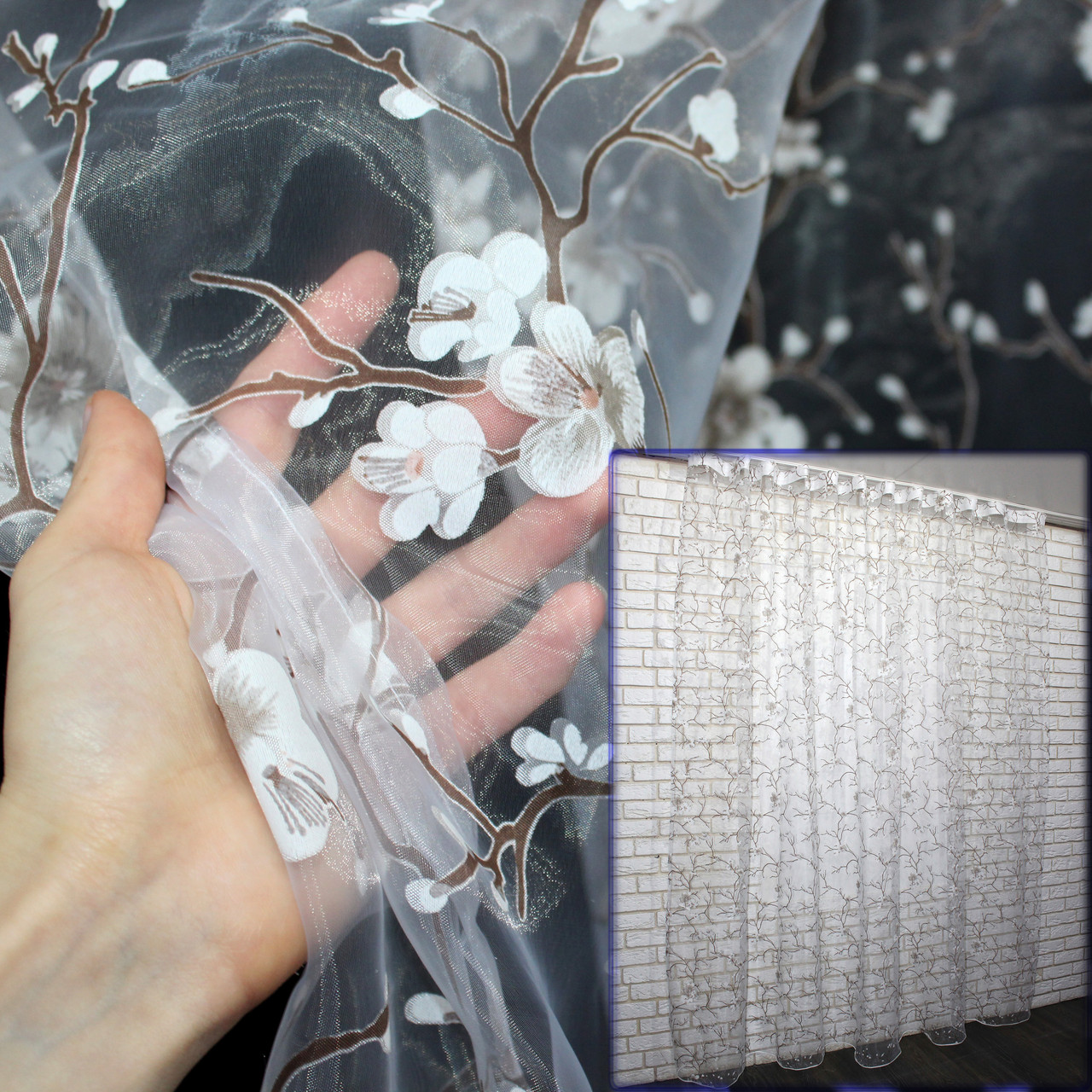 Тюль органза с крупным цветочным принтом, коллекция "Сакура". Цвет белый с коричневым. Код 856т