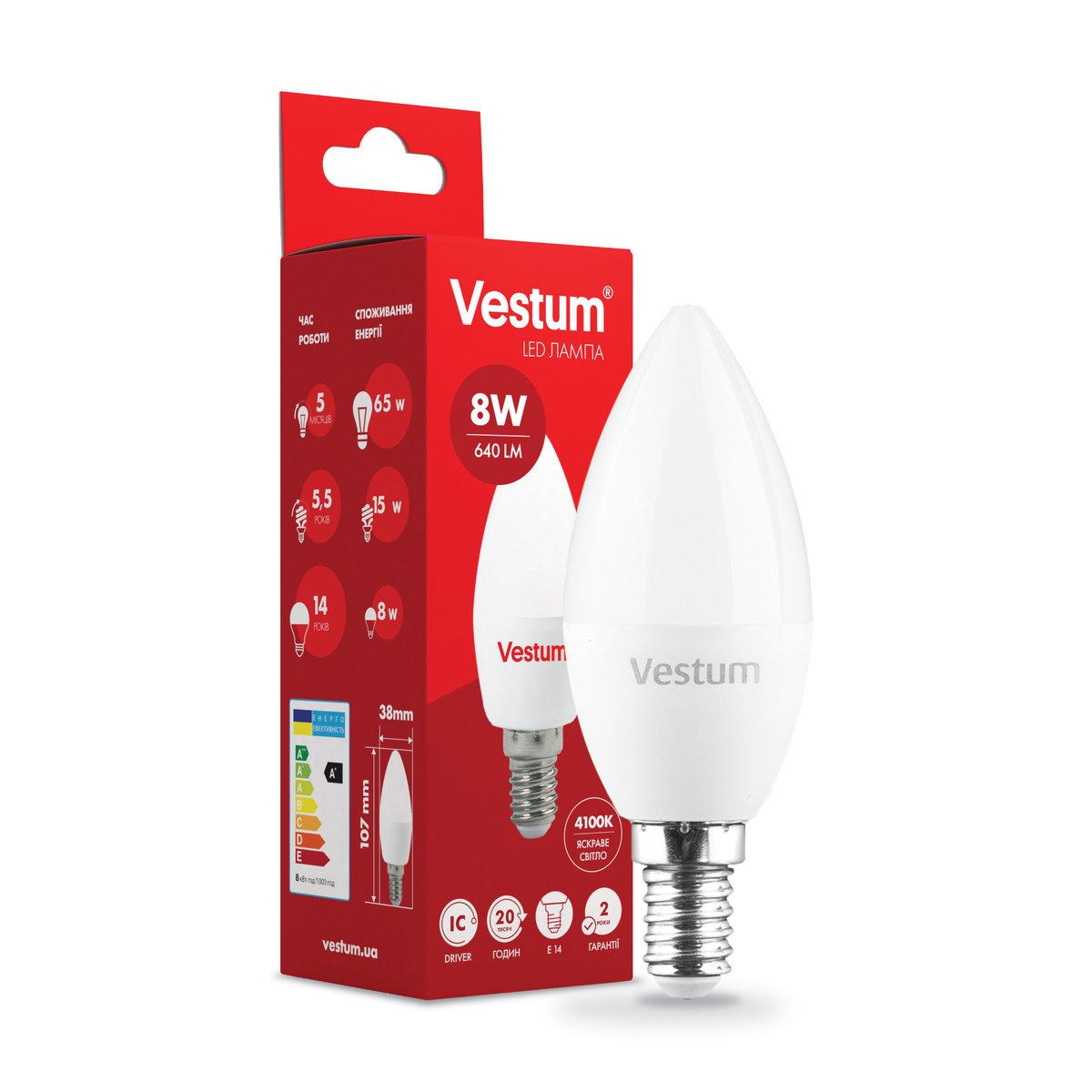 Светодиодная лампа Vestum C37 8W 4100K 220V E14 1-VS-1311