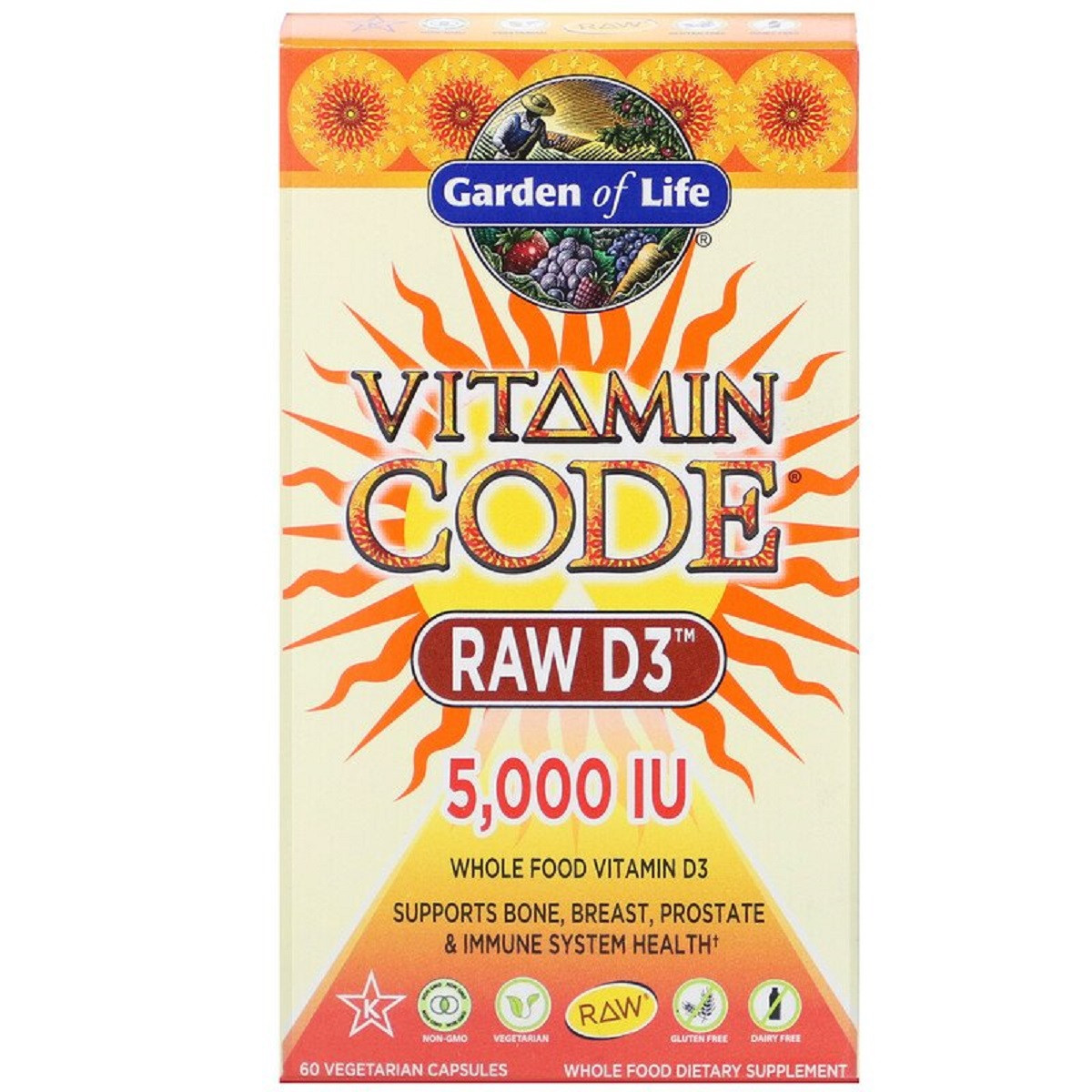 Сирої Вітамін D3, RAW D3, Vitamin Code, Garden of Life, 5000 МО (125 мкг), 60 капсул вегетаріанських