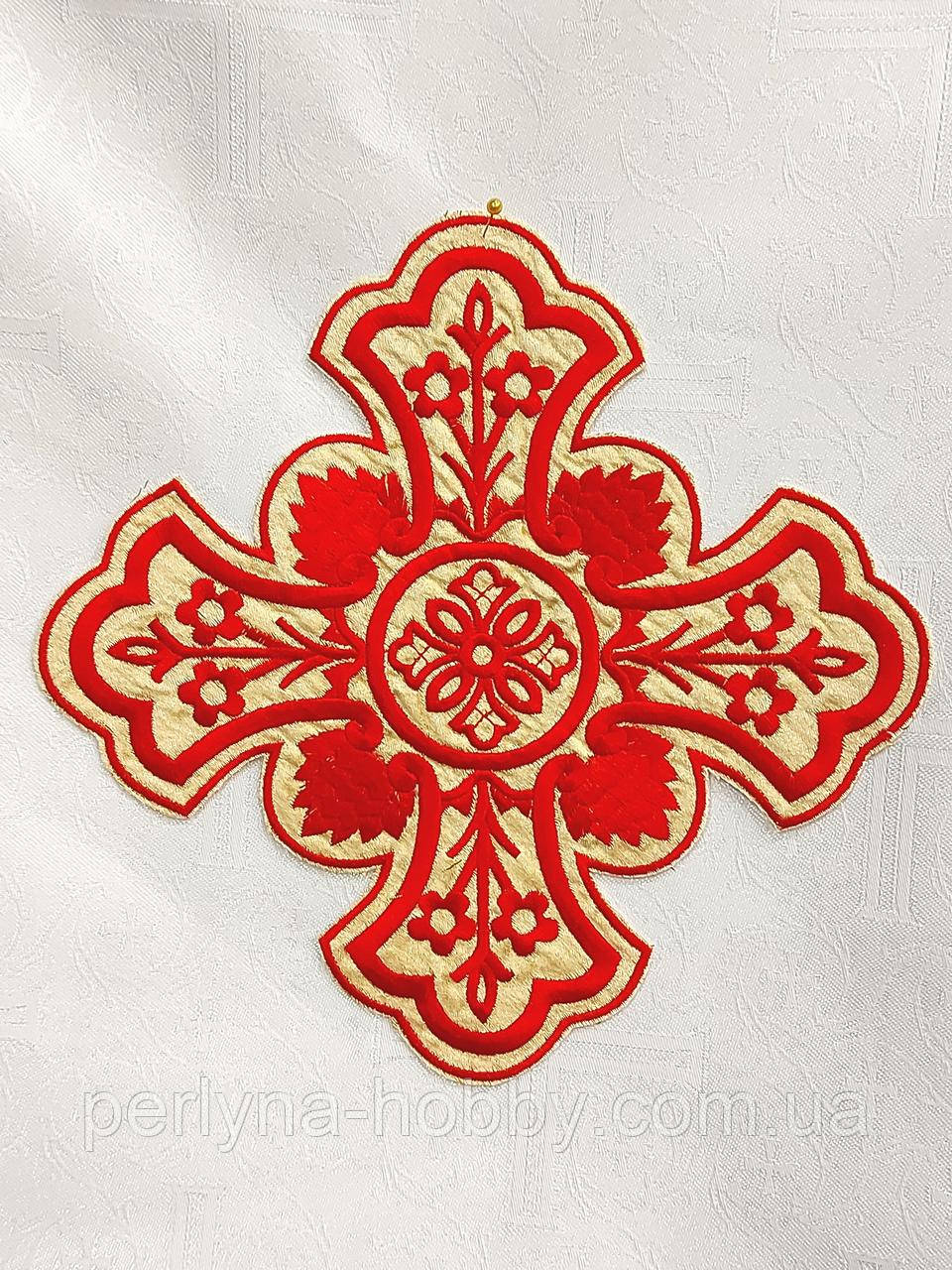 Хрест для церковного одягу великий 24 на 24 см червоний (шовк ) з золотом