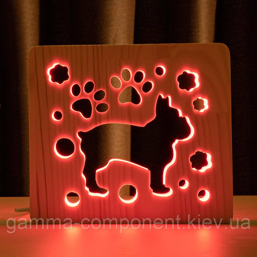 Светильник ночник ArtEco Light из дерева LED "Собака бульдожка" с пультом и регулировкой цвета, RGB