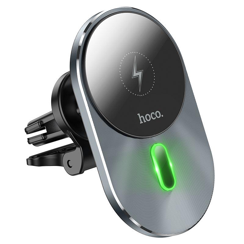 Автодержатель с беспроводной зарядкой MagSafe Hoco CA91 для iPhone Телефона Модельный На воздуховод Разборная Алюминий Apple Темно-серый В решетку кондиционера Магнитное Зажим