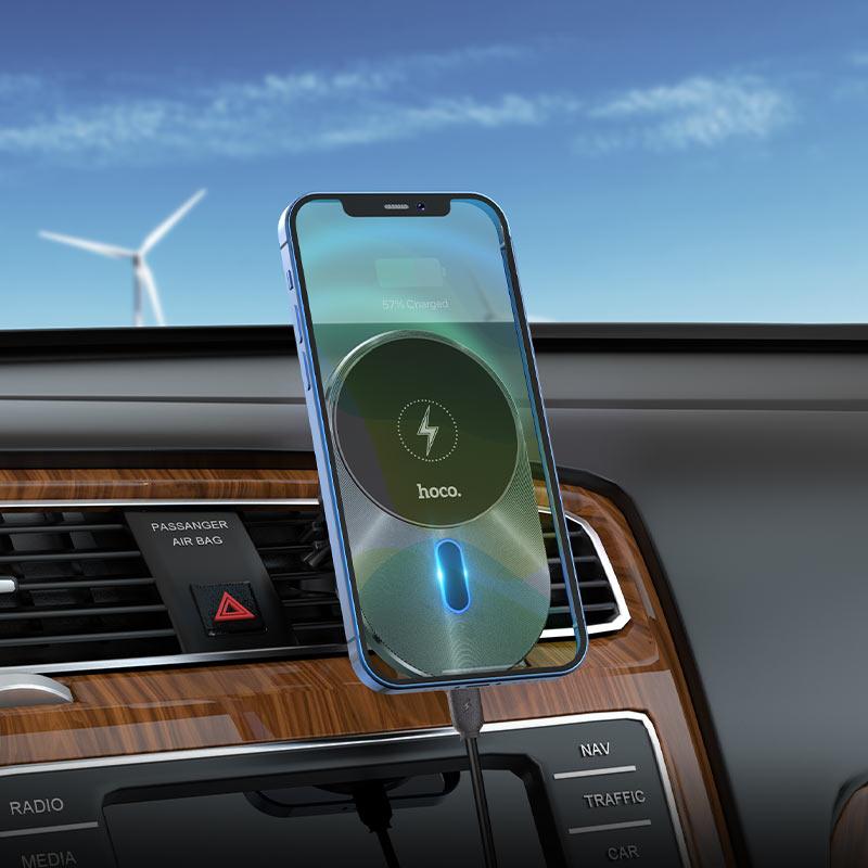 Автодержатель с беспроводной зарядкой MagSafe Hoco CA91 для iPhone Телефона Модельный На воздуховод Разборная Алюминий Apple Темно-серый В решетку кондиционера