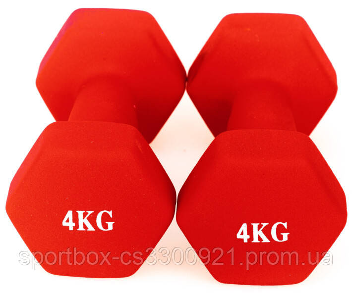 Гантелі для фітнеса NEO-SPORT 4 кг. x 2 шт., метал з вініловим покриттям (чнрвоні), фото 3