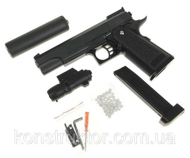 Страйкбольный пістолет Galaxy G6A (Colt M1911 Hi-Capa) глушник, лазер (метал)