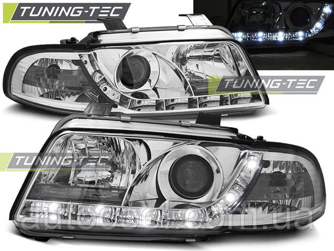 

Передние тюнинг фары Audi A4 1994-1998 г.в. линза, дневные ходовые огни, хром