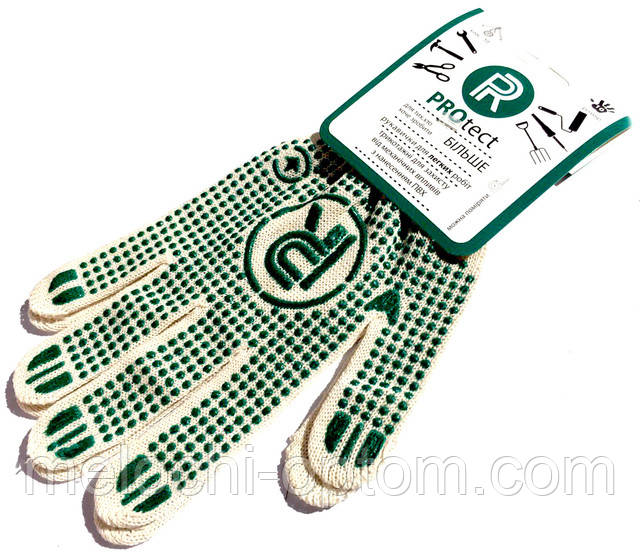 Рукавички трикотажні PROtect (10 клас з ПВХ крапкою) для легких механічних робіт, біло-зелені