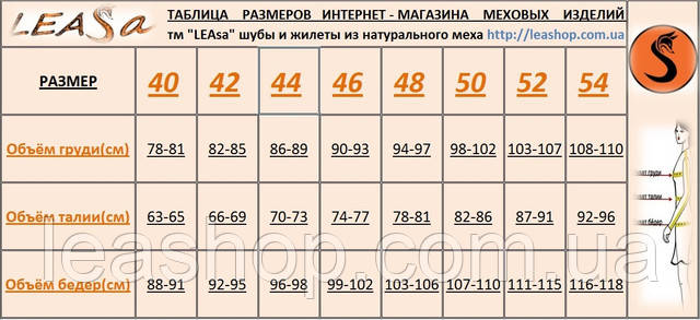 размерная сетка шубы из натурального меха LEAsa