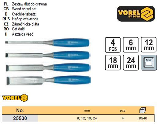 Набор стамески ручка пластик 6, 12, 18, 24 мм 4 шт VOREL-25530