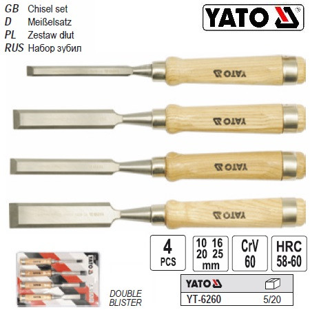 набор стамески YATO ручка дерево b=10-16-20-25 4 штуки YT-6260
