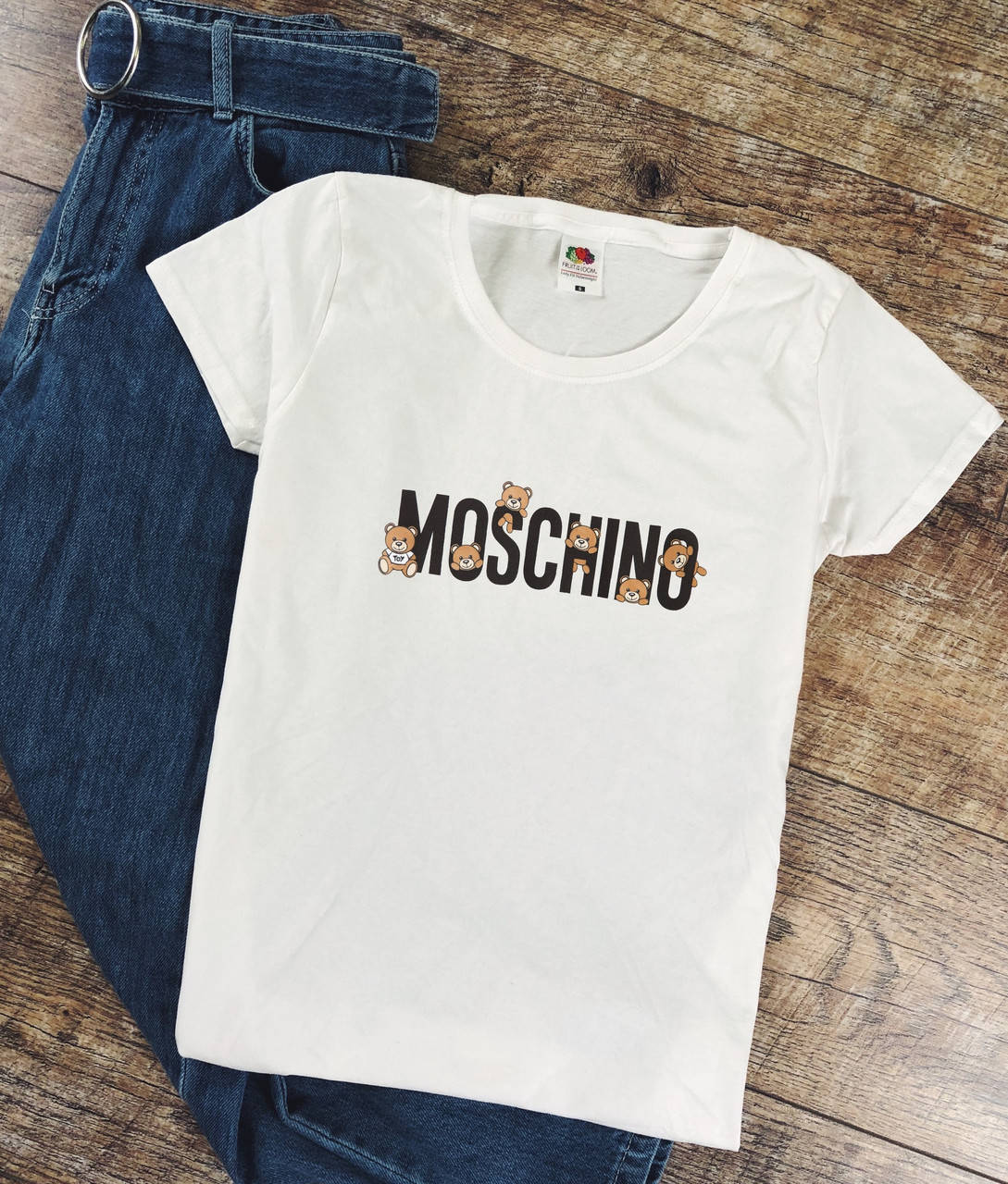 

Женская футболка Moschino белая качественная шелкография, Белый