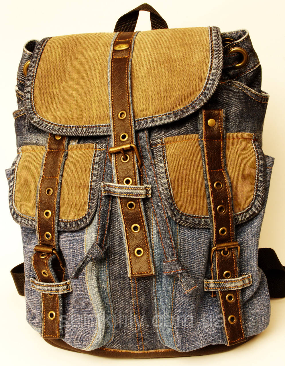 Рюкзак из джинсов с вельветом и коричневой кожей