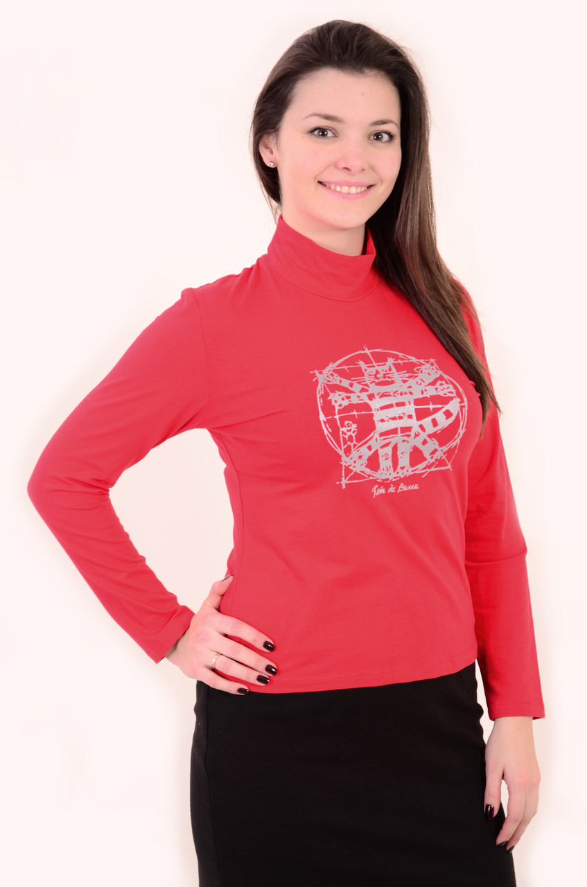 Красная футболка с длинным рукавом  принт "Кот Давинчи" 44-52плотный трикотаж 