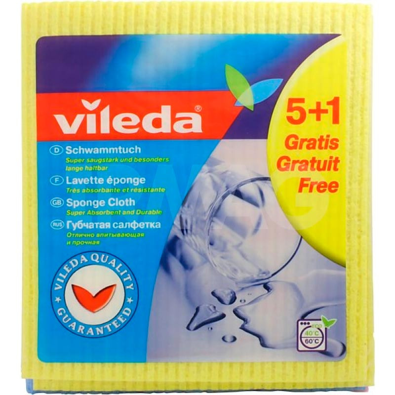 

Салфетки влаговпитывающие Sponge Cloth, Vileda, 5+1 шт., Желтый;розовый;голубой