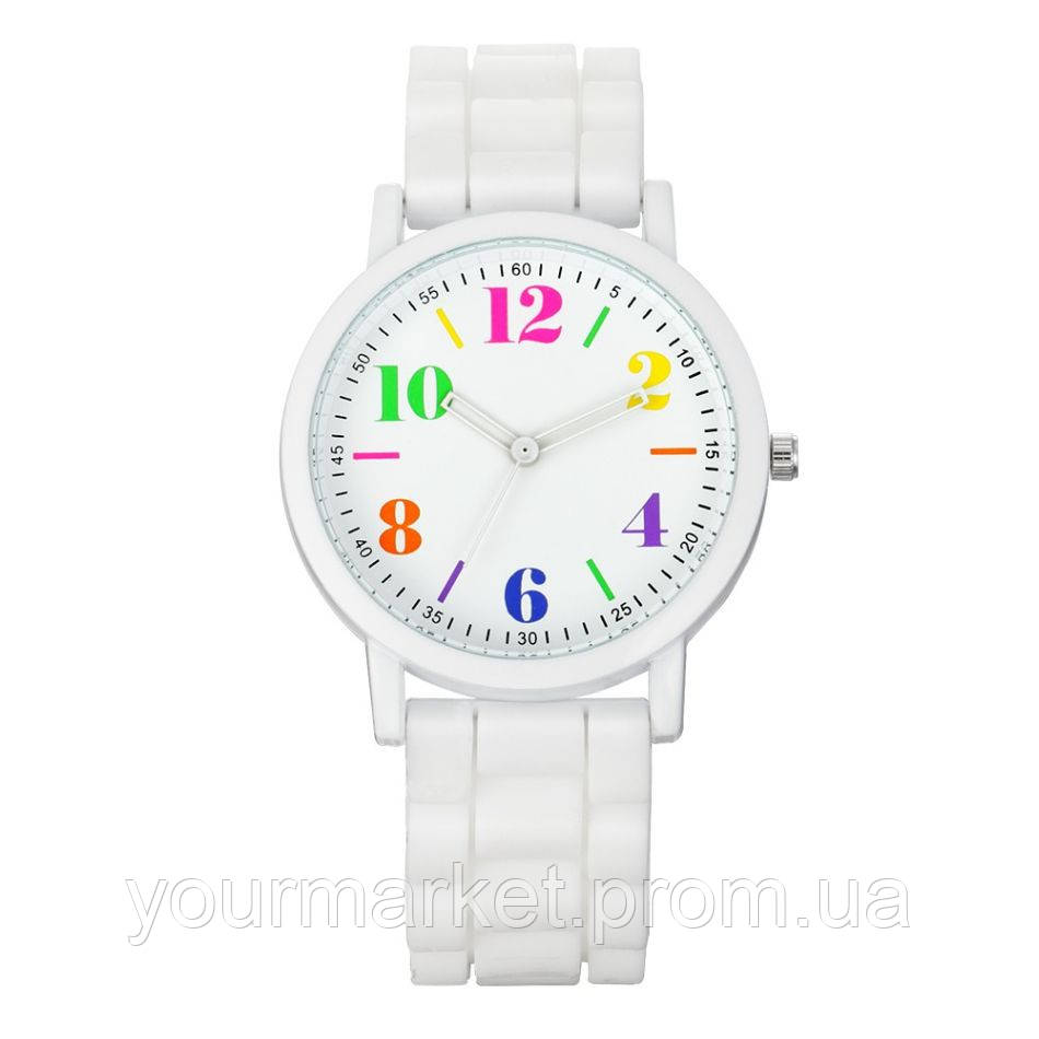 Наручные часы на силиконовом ремешке белые с разноцветными цифрами