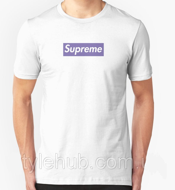 

Футболка Supreme белая с фиолетовым логотипом, унисекс (мужская, женская, детская)