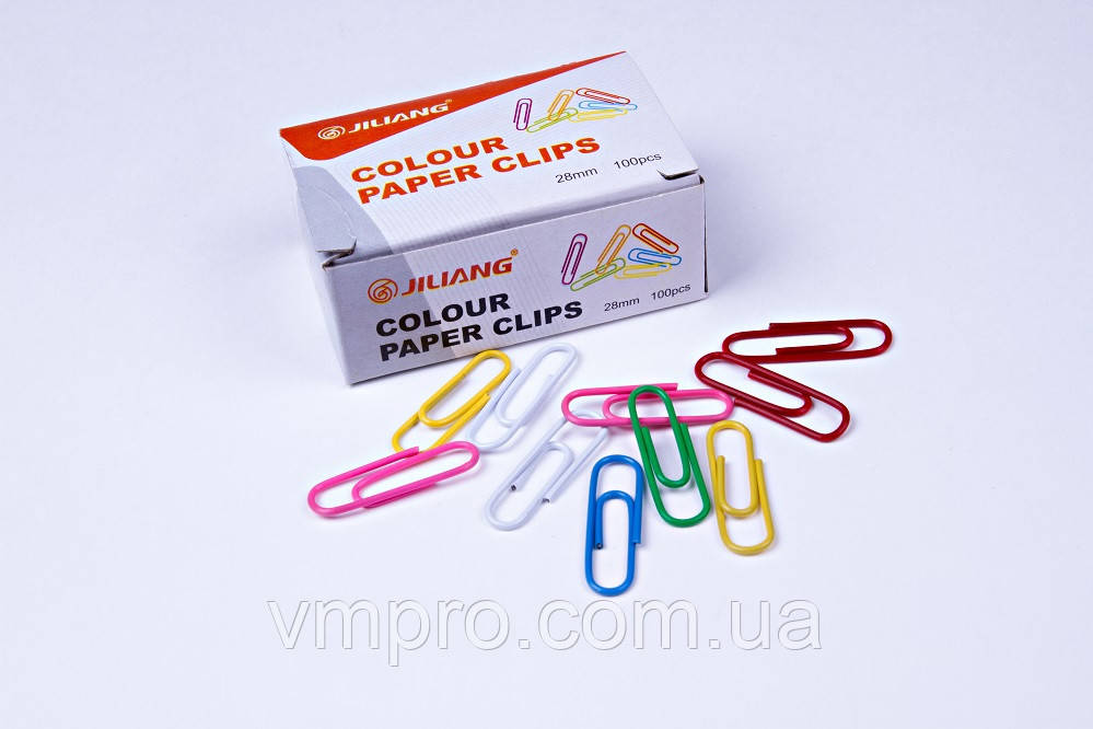 Скрепки канцелярские Jiliang разноцветные (28 мм/100 шт), скрепки для офиса, школы, дома.