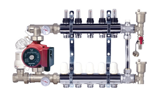 

Коллектор для теплого пола с насосом в сборе на 9 выходов