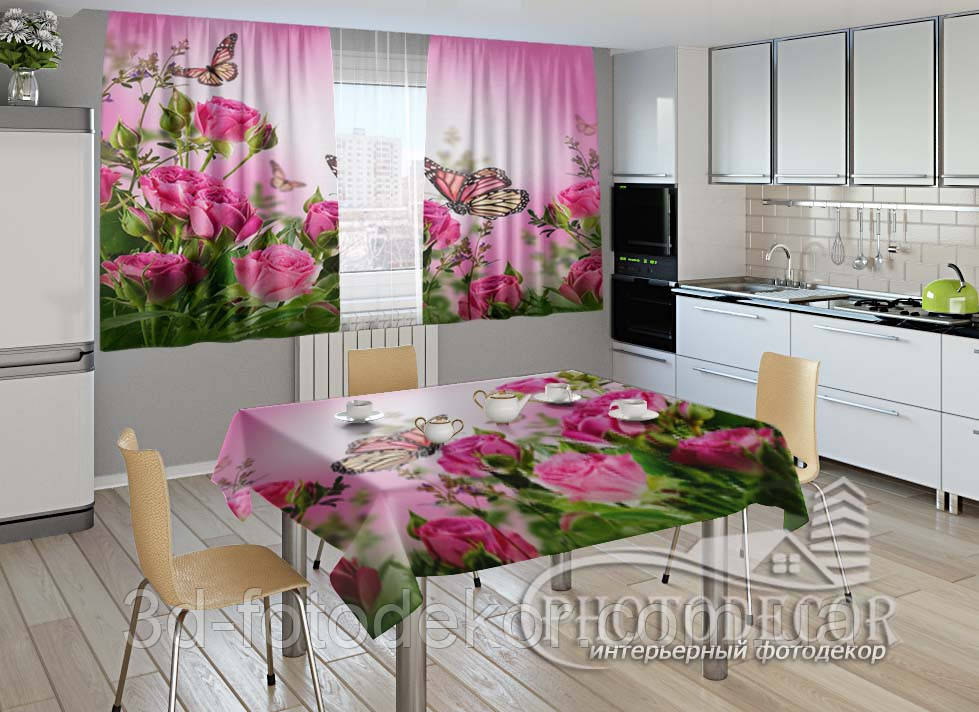 

Фото комплект для кухни "Розовые нотки" (шторы 2,0м*2,9м; скатерть 1,45м*1,7м)