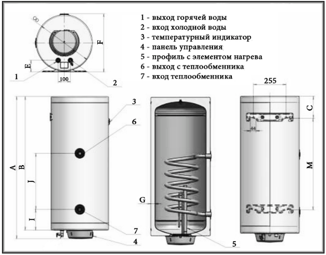 Схема и габаритные размеры водонагревателя Eldom Thermo 100 WV10046 TRG