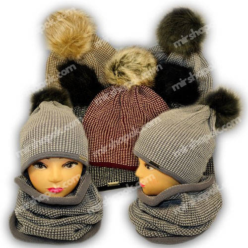 Комплект шапка і шарф (хомут) з помпоном з штучного хутра для дівчат, Польща, підкладка фліс, BM18P