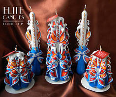 Синьо-вогненний набір різьблених свічок ручної роботи