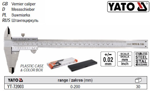 Штангенциркуль l=200 мм точность ± 0,02 мм YATO Польща YT-72003