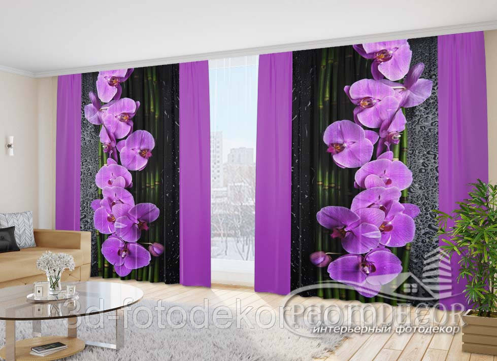

3D Фото Шторы в зал "Орхидеи на черном" 2,7м*2,9м (2 полотна по 1,45м), тесьма, Фиолетовый