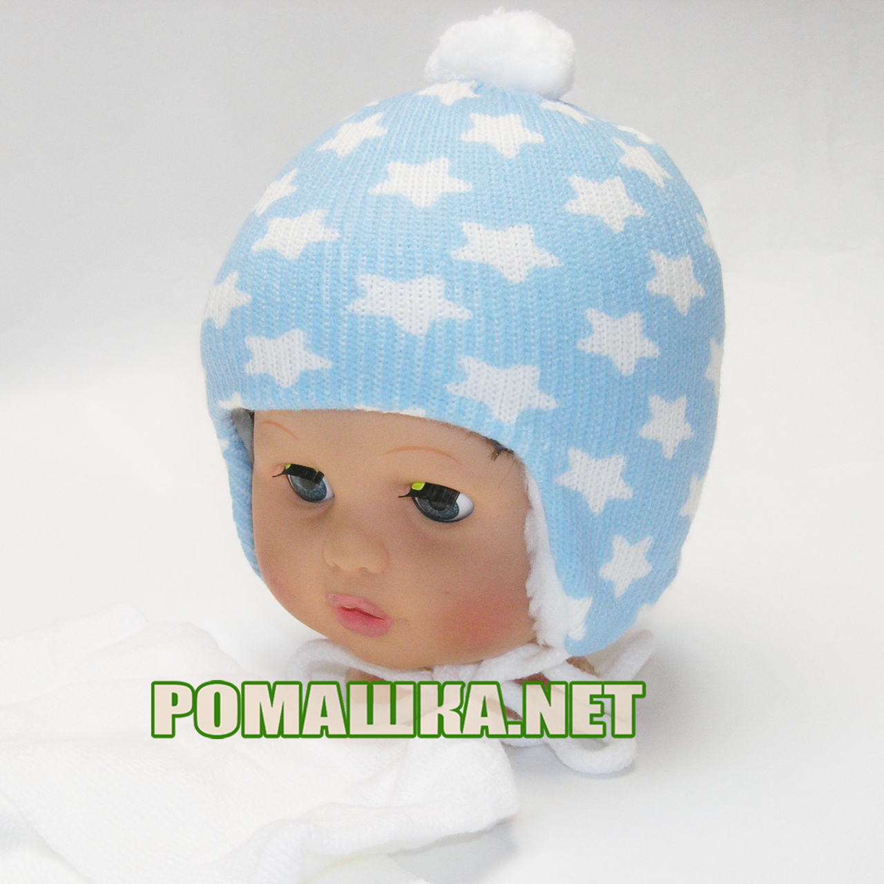 

Детская зимняя вязаная шапочка с шарфиком р. 38-40 на овчине для новорожденного с завязками 3863 Голубой 38, Розовый