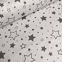Тканина бязь великими зорепад з контурними,графітовими зірок на білому тлі № 764