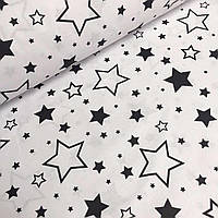 Тканина бязь великими зорепад з контурними,чорні позначки зірок на білому тлі № 776
