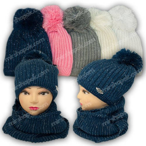 Комплект шапка і шарф (хомут) для дівчинки, р. 52-54, підкладка фліс, нитка люрекс, 7002