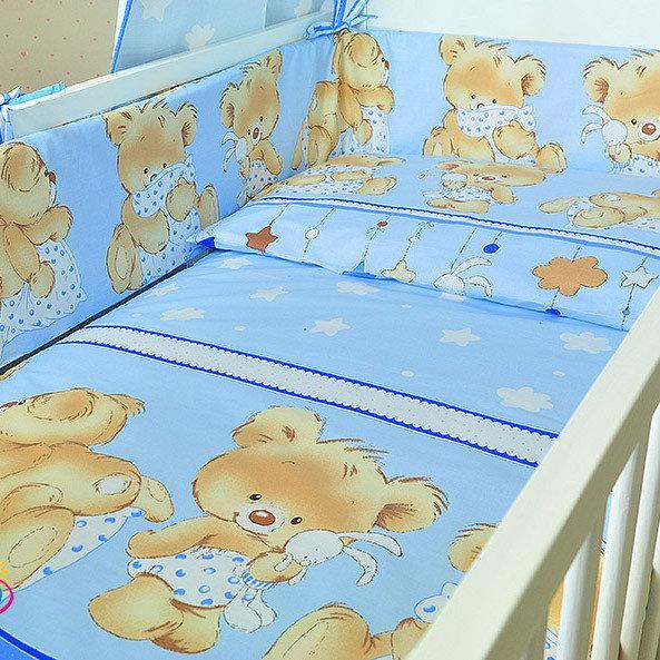 Комплект постельного белья в детскую кроватку Мишка с подушкой голубой  из 3-х элементов