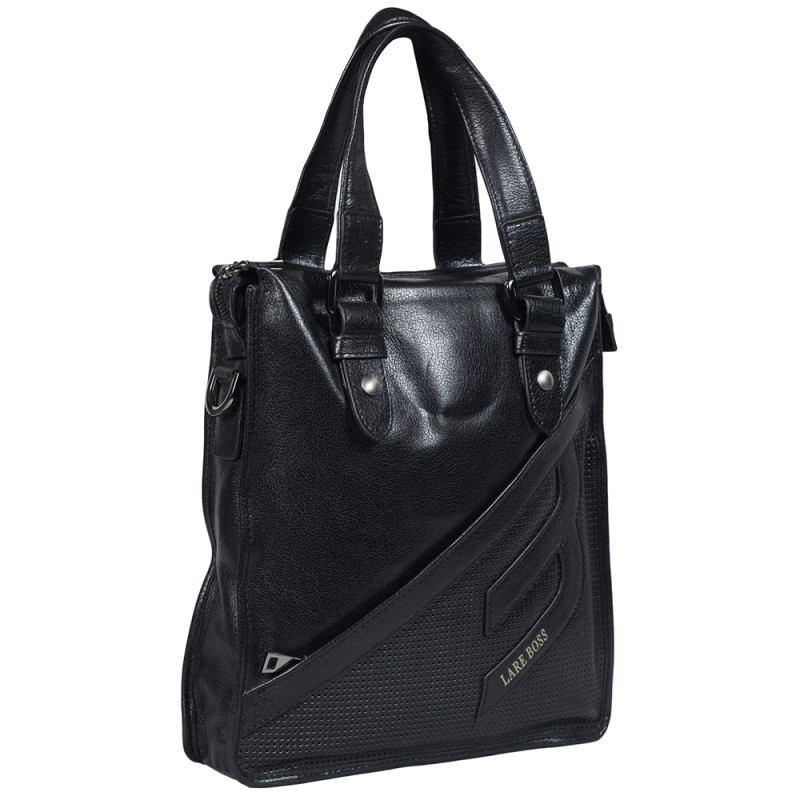 Вертикальная мужская кожаная сумка формата А4 черная Lare Boss LB00680