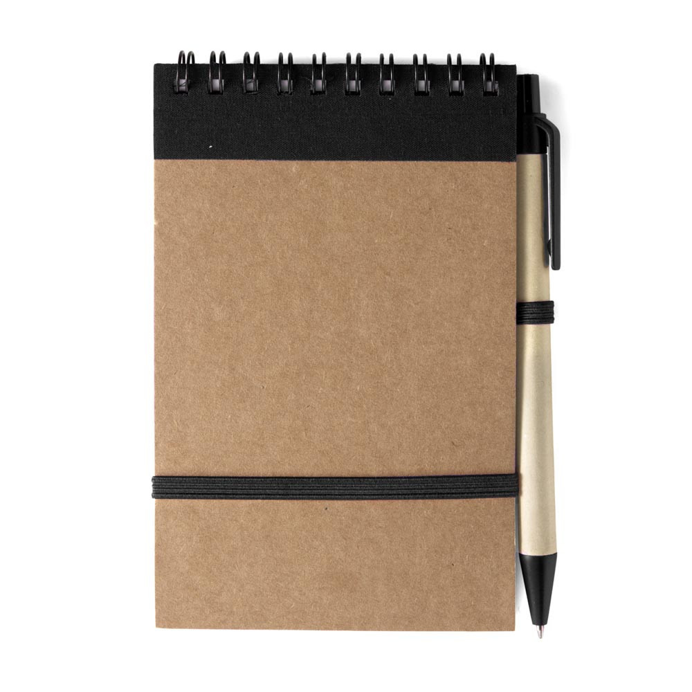 

Блокнот А6 с ручкой, белый блок в линейку, переработанный картон, черный, от 100 шт