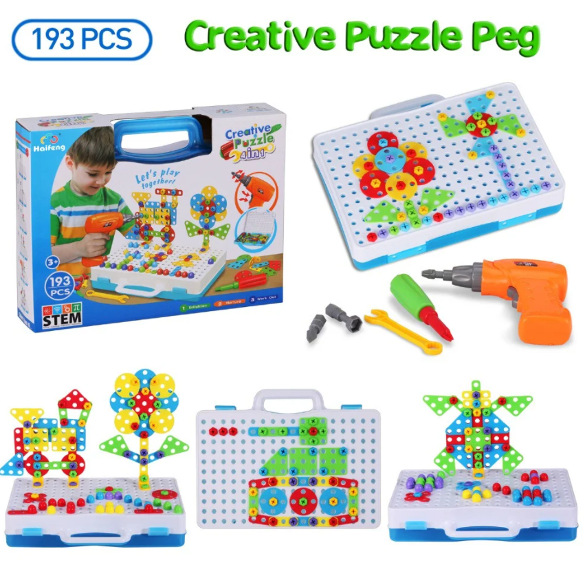 

Мозаика конструктор с шуруповертом на батарейке Creative Puzzle TLH-28 на 193 детали в чемодане для переноски