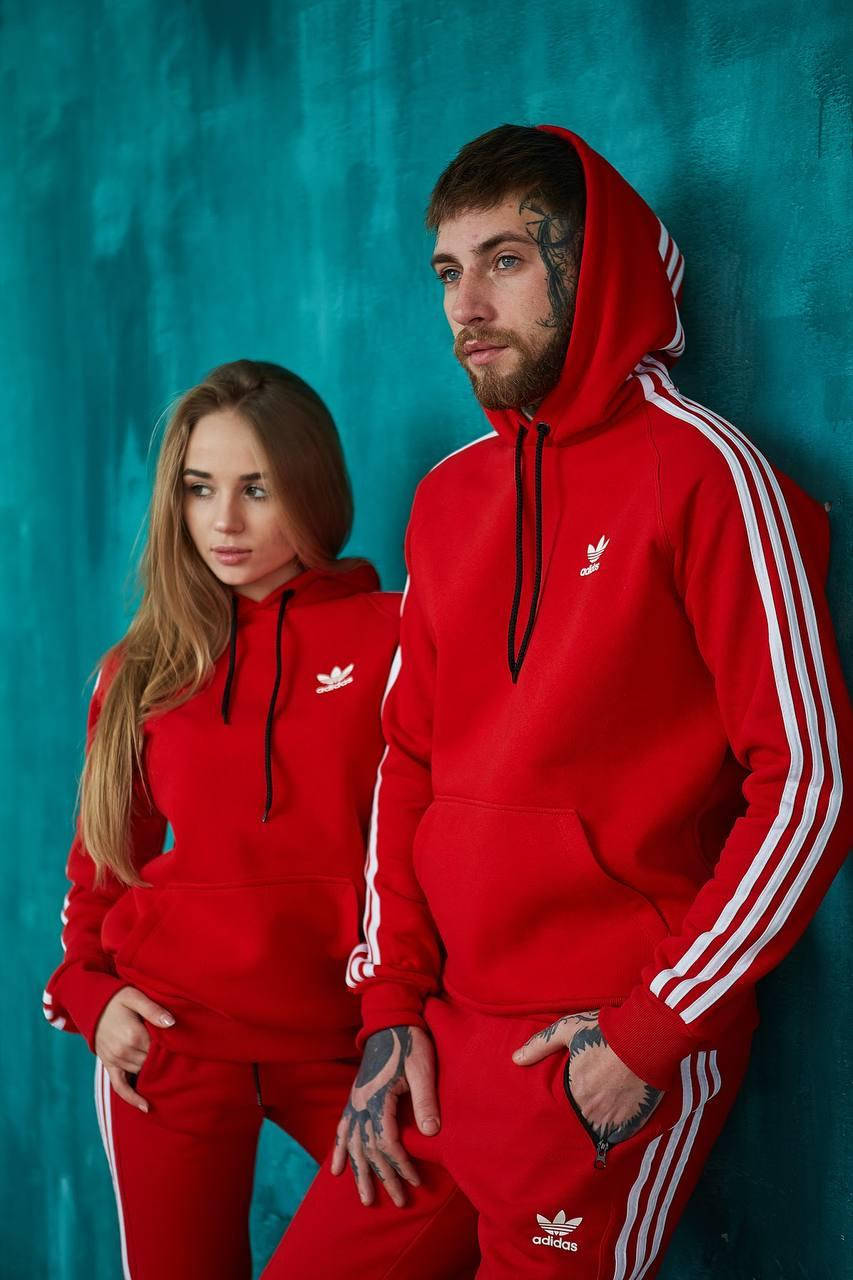 

Спортивный костюм мужской и женский зимний теплый Adidas на флисе, парные костюмы красный