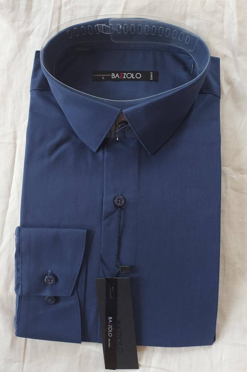 

Мужская рубашка приталенная однотонная темно синяя с длинным рукавом Bazzolo, Синий