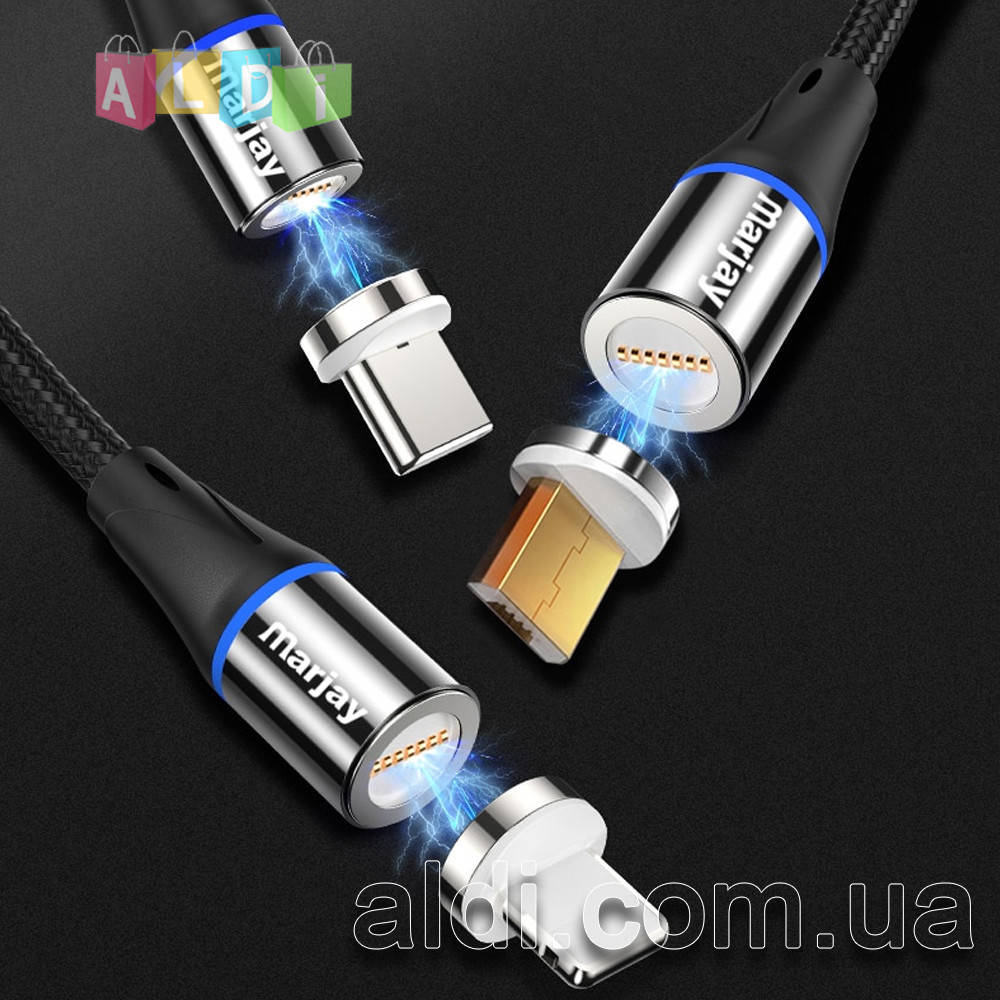 

Быстрая зарядка + передача данных Магнитный кабель 3A Lightning Micro USB Type-C (1 коннектор в комплекте) 2 метра, Черный