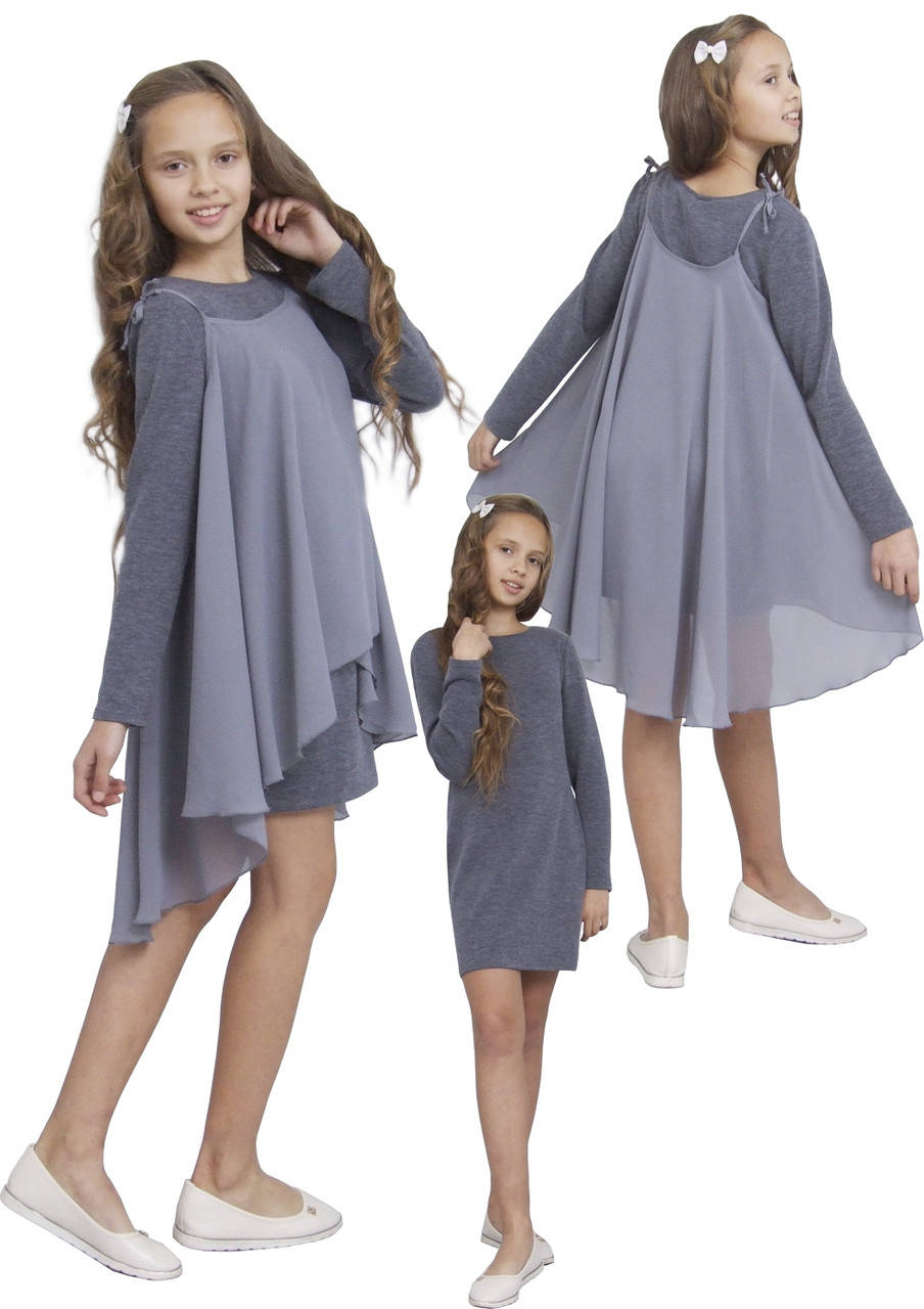 

Платье для девочки с рукавом М -1113-1114 рост 128-170 трикотажное тм "Попелюшка", Серый